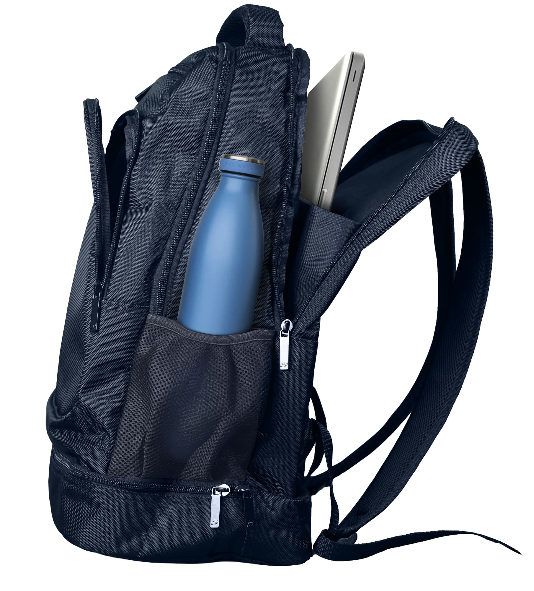 A navy backpack featuring multiple compartments, including a mesh pocket for a drink bottle and space for a laptop.
