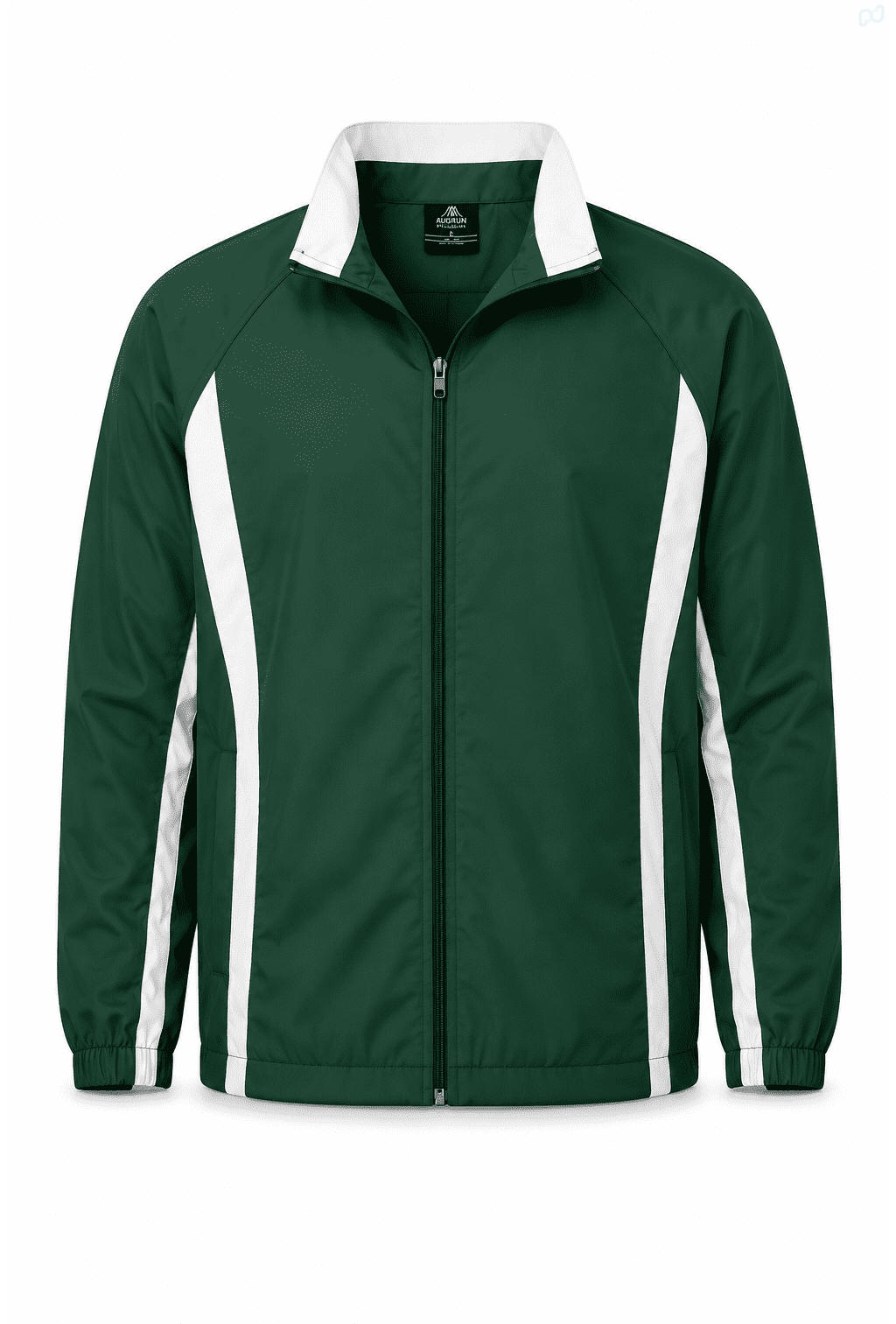 A green track jacket with white accents and a zip front. It features a logo on the upper left.