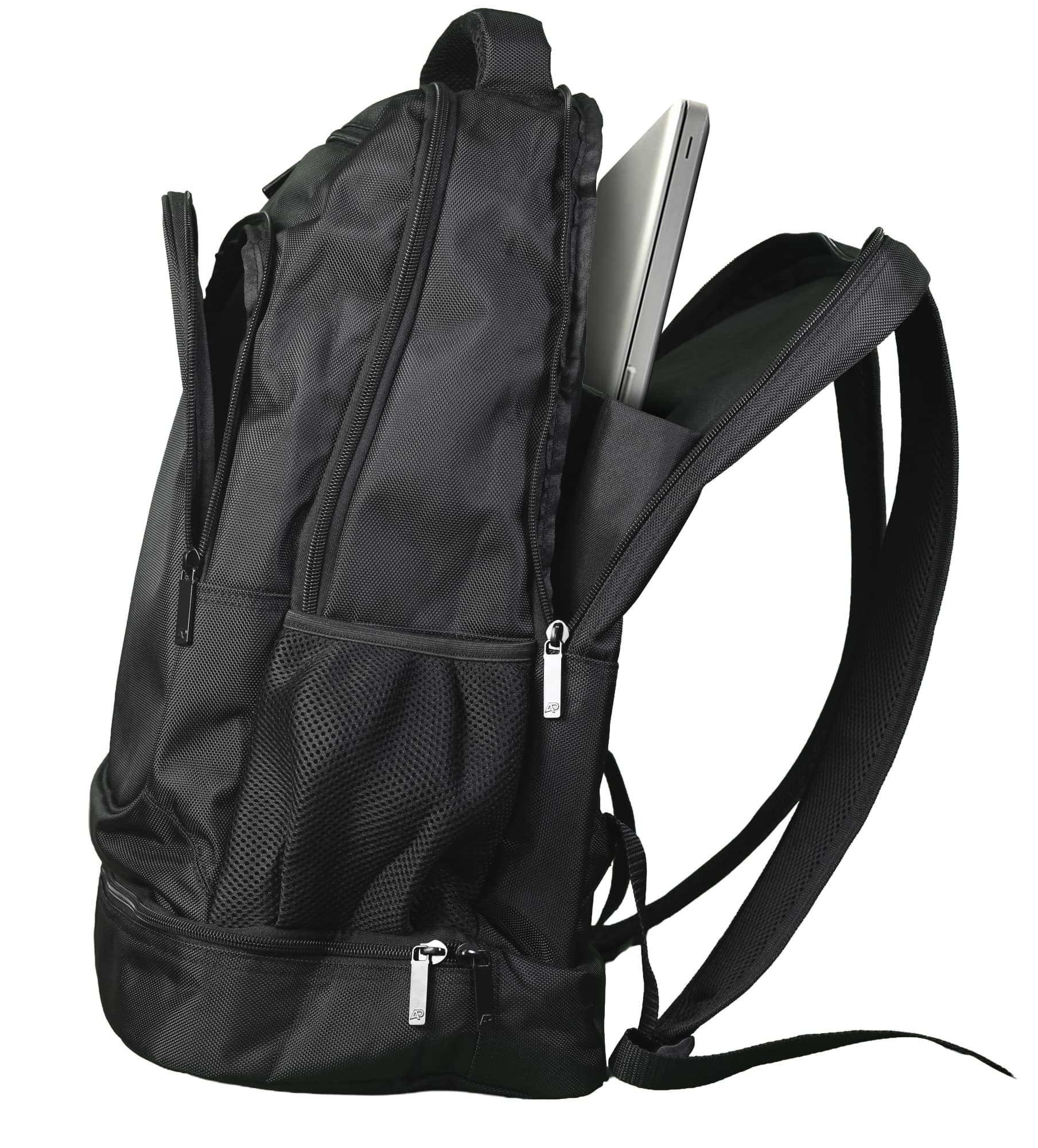A black backpack featuring multiple zippered compartments and mesh pockets, with a laptop partially visible inside.