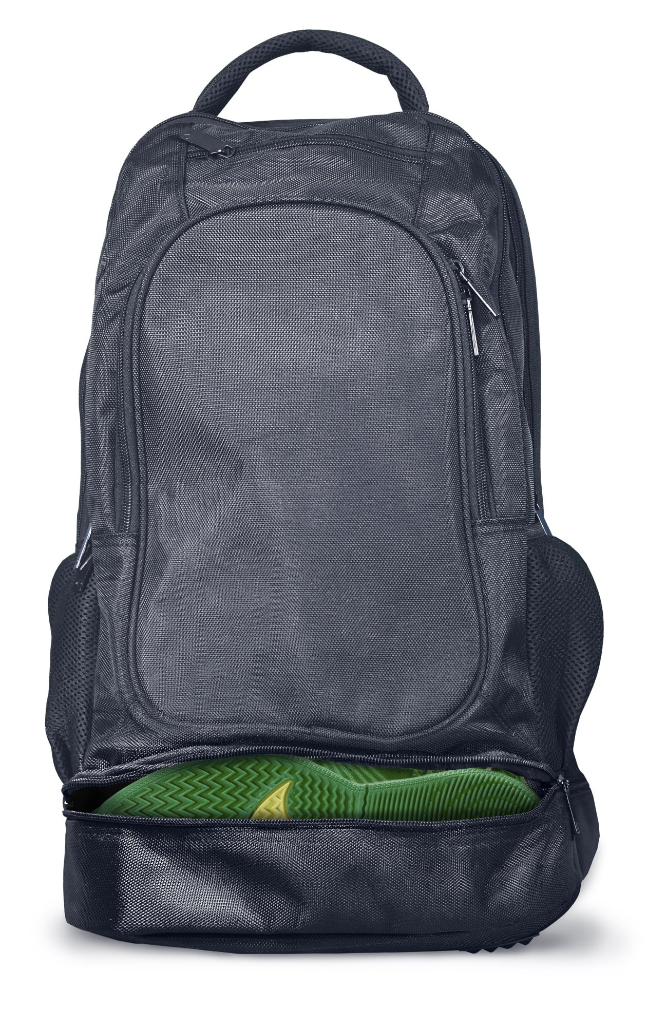 A dark grey backpack with a large main compartment and mesh side pockets. It features a zippered front pocket.