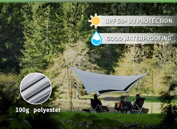 A grey camping canopy with poles set up in a green outdoor area, featuring UV protection and water-proofing.