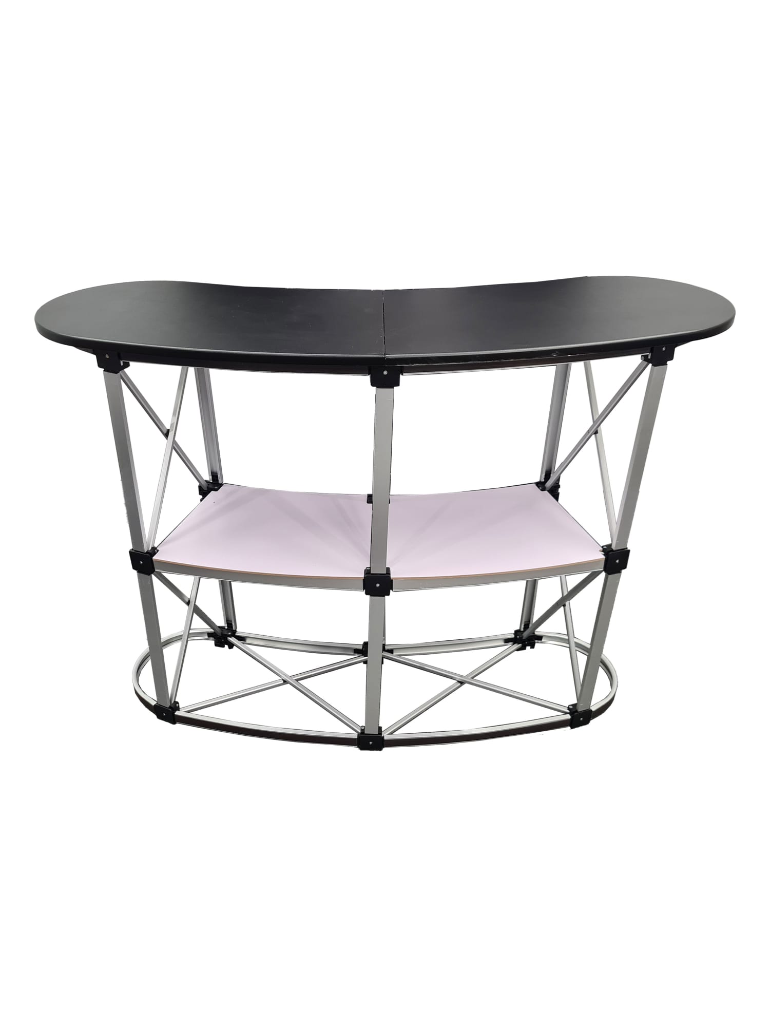 A promotional table with a curved black top, silver frame, and a lower white shelf. It has a logo.