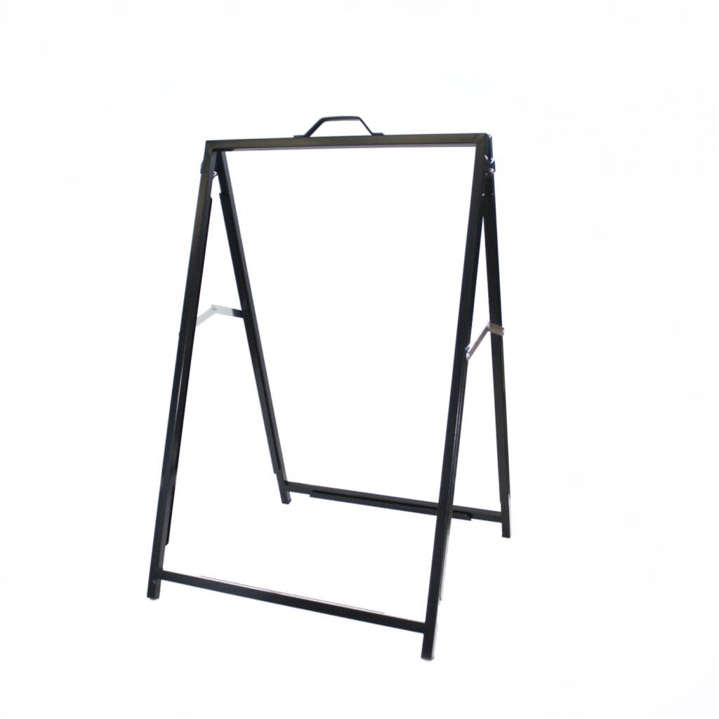 A black A-frame display stand with a handle, designed for holding corflute inserts.