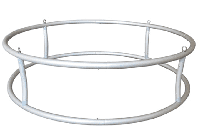 A circular silver aluminium frame designed for tension fabric displays, featuring attachment points.