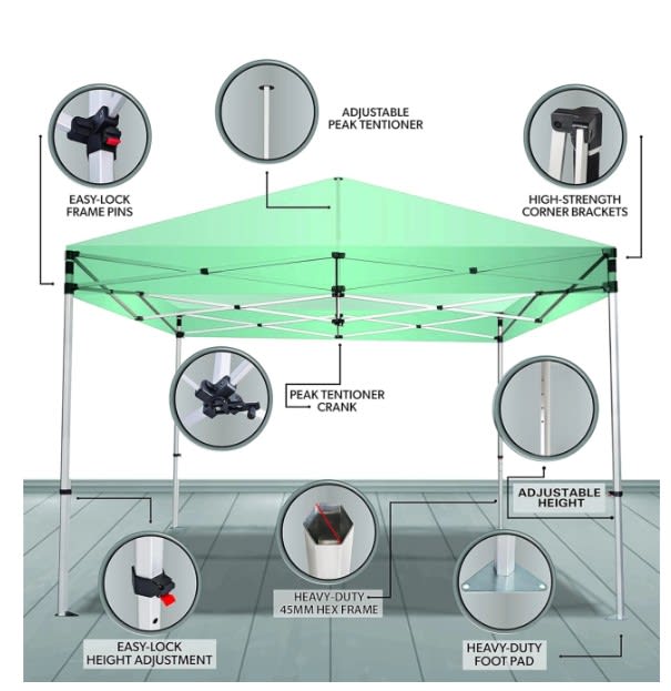 A green 2m x 2m marquee frame with adjustable height, peak tensioner, and heavy-duty foot pad. Features logos.