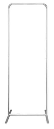 A silver tension fabric display stand with a flat top and H-shape design.