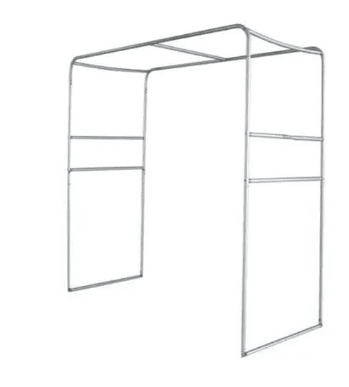 A silver metal arch frame for displaying tension fabric, featuring a rectangular design with open sides.