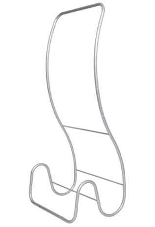 A silver snake-shaped display stand designed for tension fabric displays.