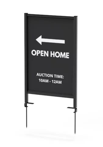 A large steel lawn sign featuring a black background, an arrow, and text for an open home auction event.