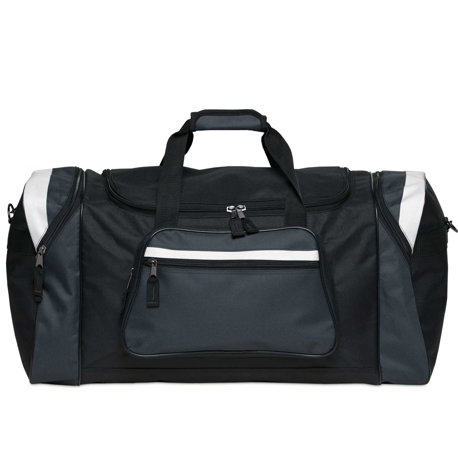 A black and grey duffle bag with multiple compartments and a prominent logo on the front.