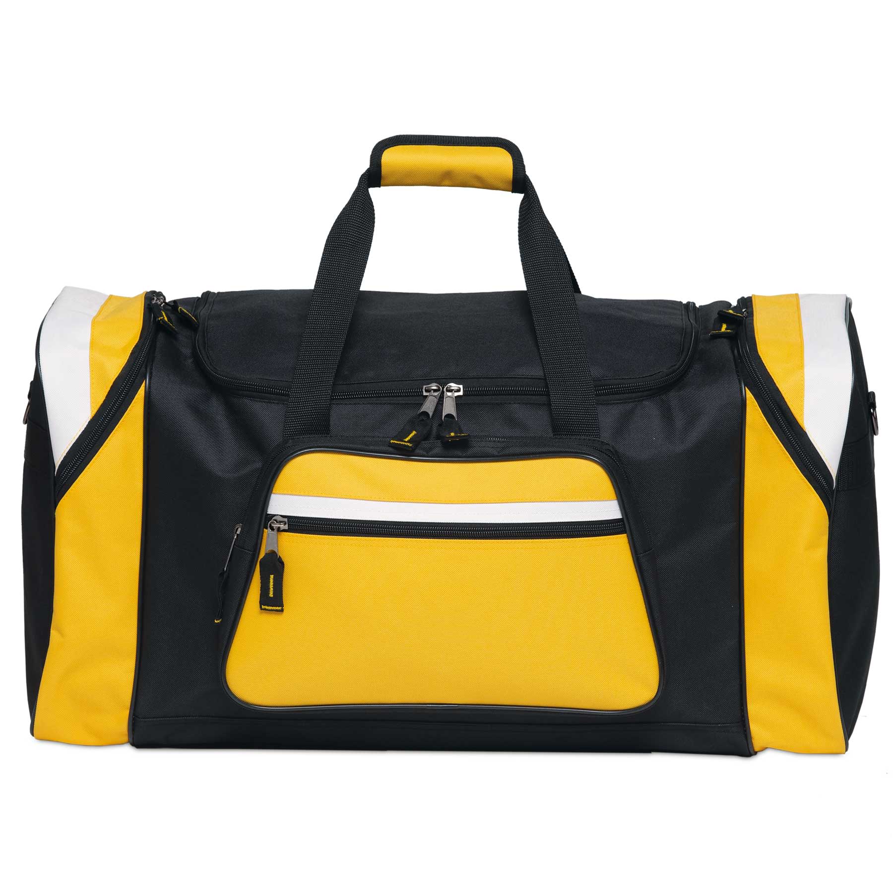A black and yellow duffle bag with a front pocket and a logo. Handles are black with yellow accents.