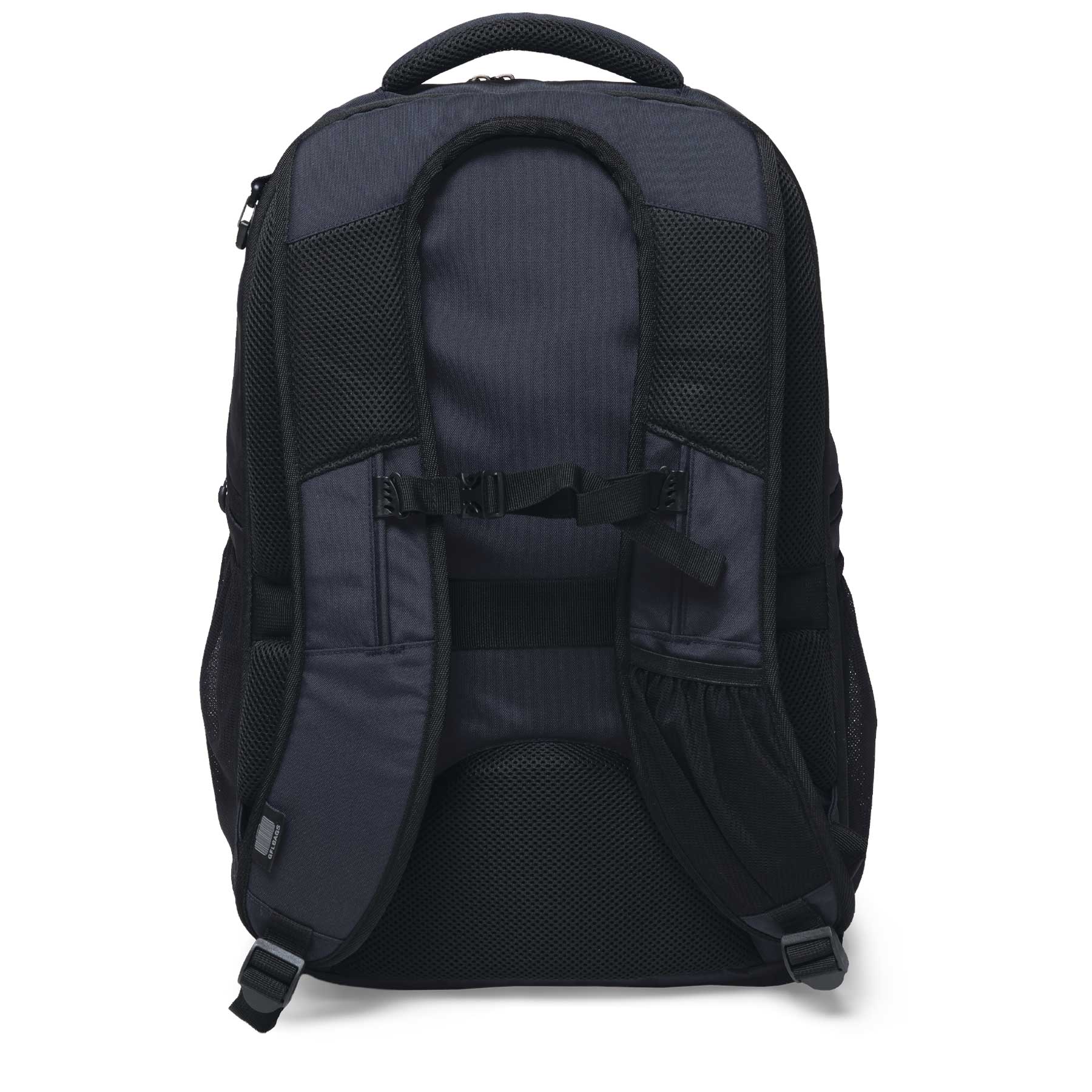 A black Metro-Lock backpack featuring padded shoulder straps and a mesh back for comfort. It has a logo on its surface.