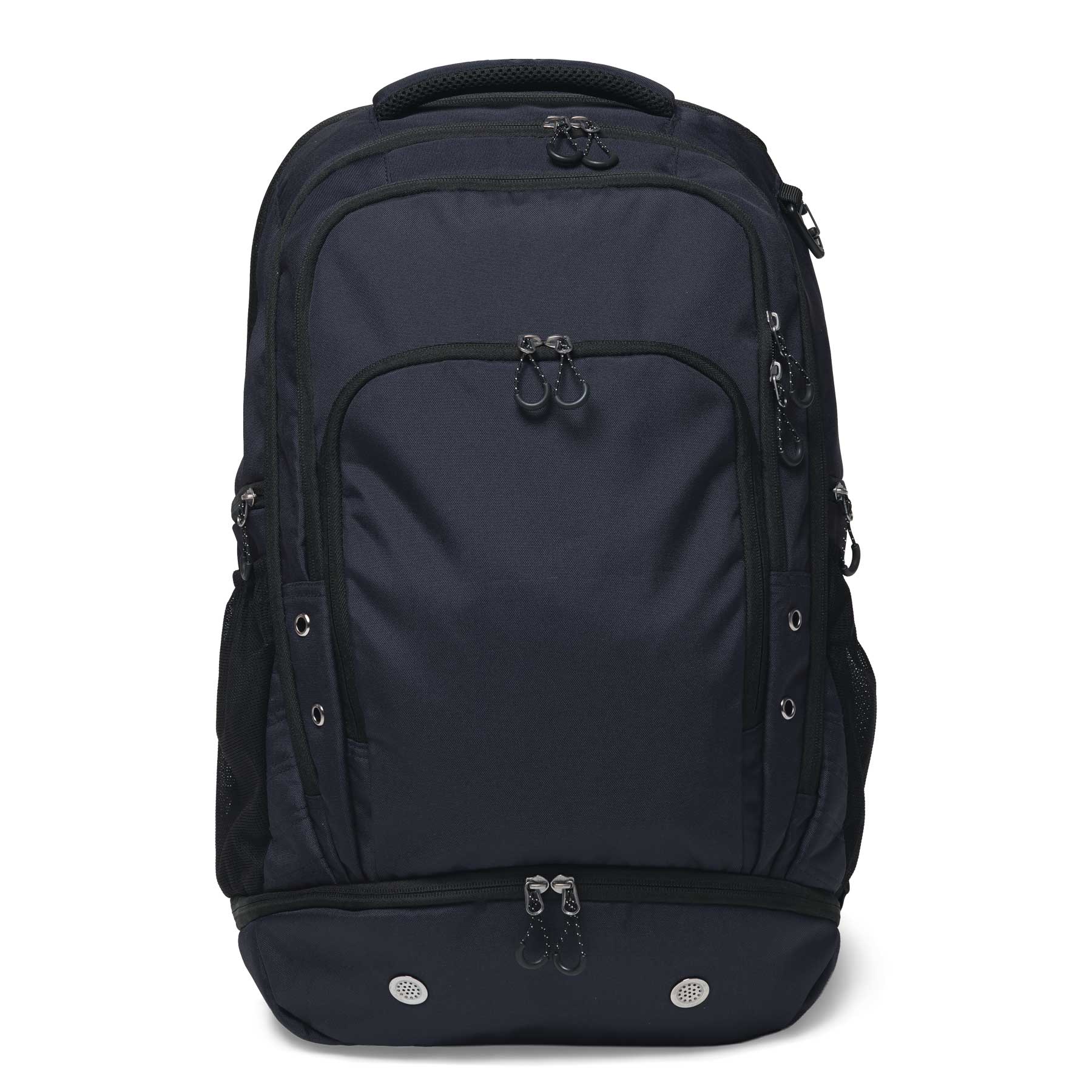 A dark navy backpack featuring multiple compartments and zippers, with a logo on the front.