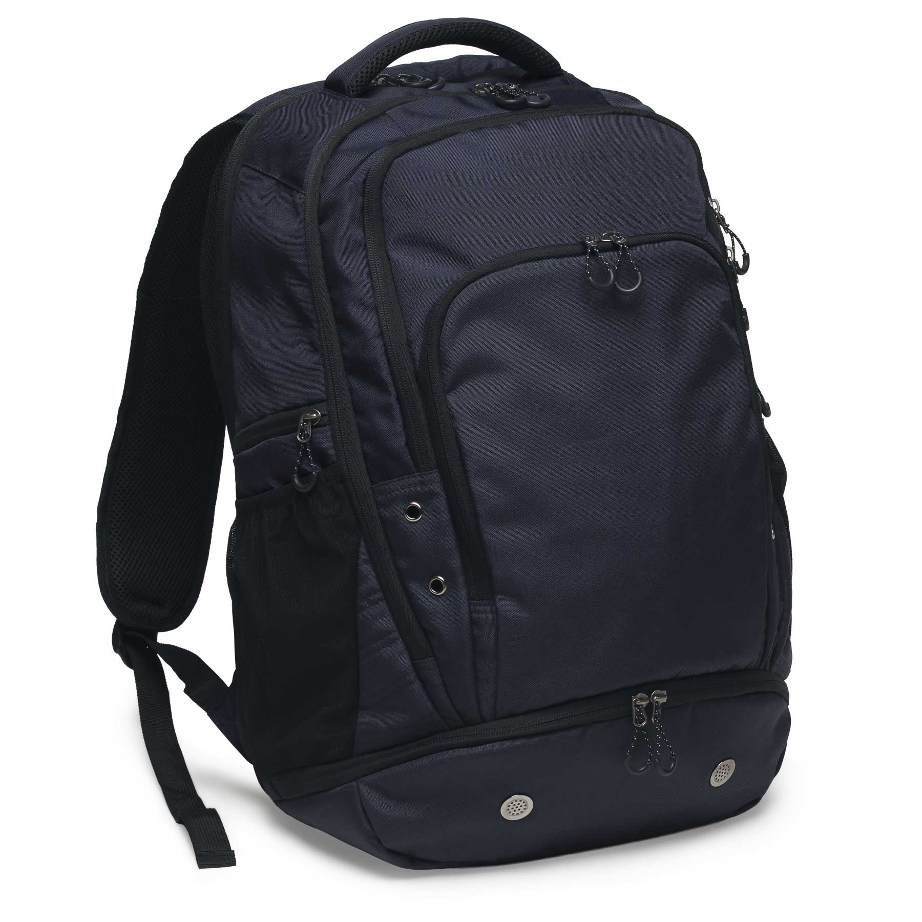 A navy blue backpack with multiple zippers and compartments, featuring a logo on the front.