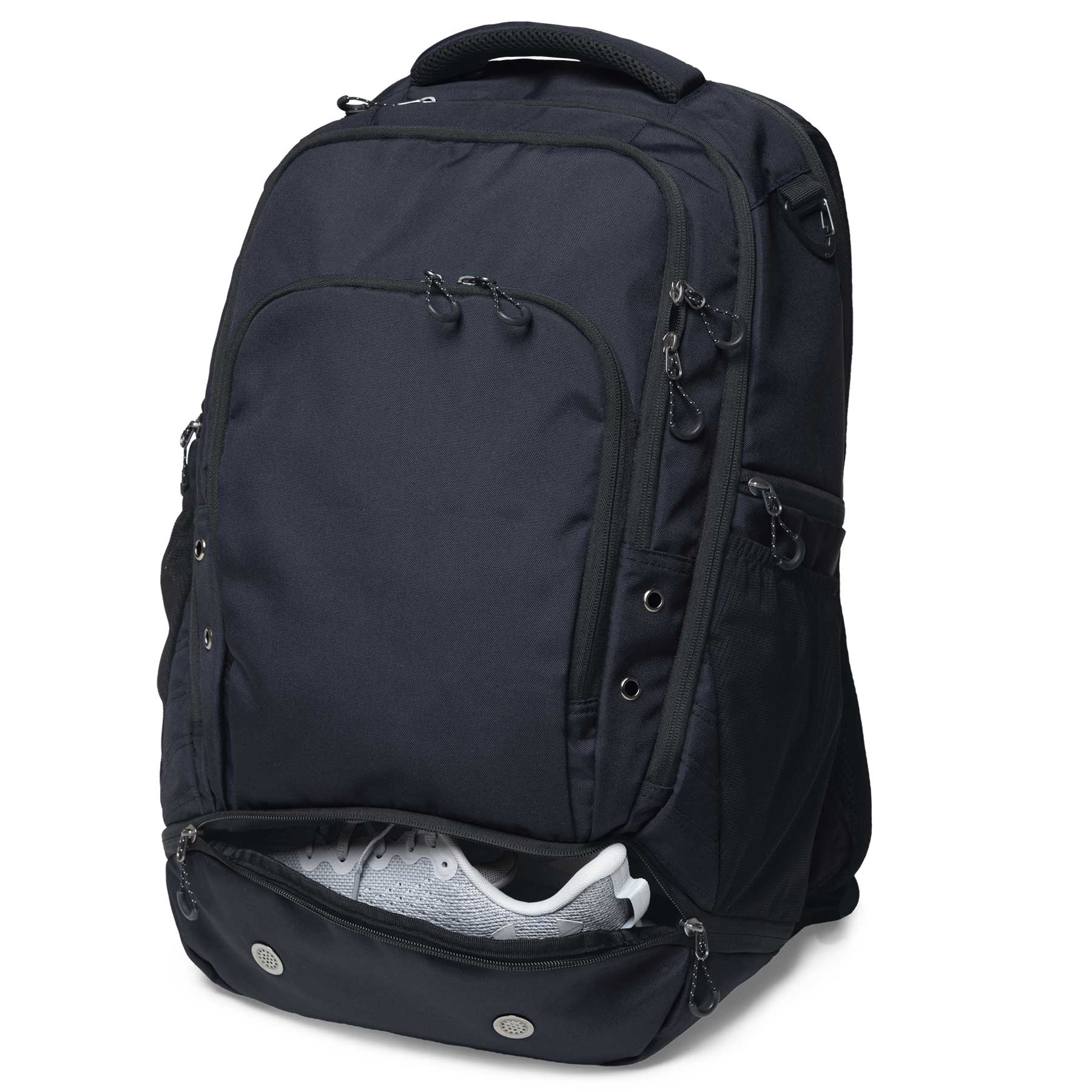 A black Metro-Lock Backpack featuring multiple compartments and a zippered shoe pocket at the bottom.