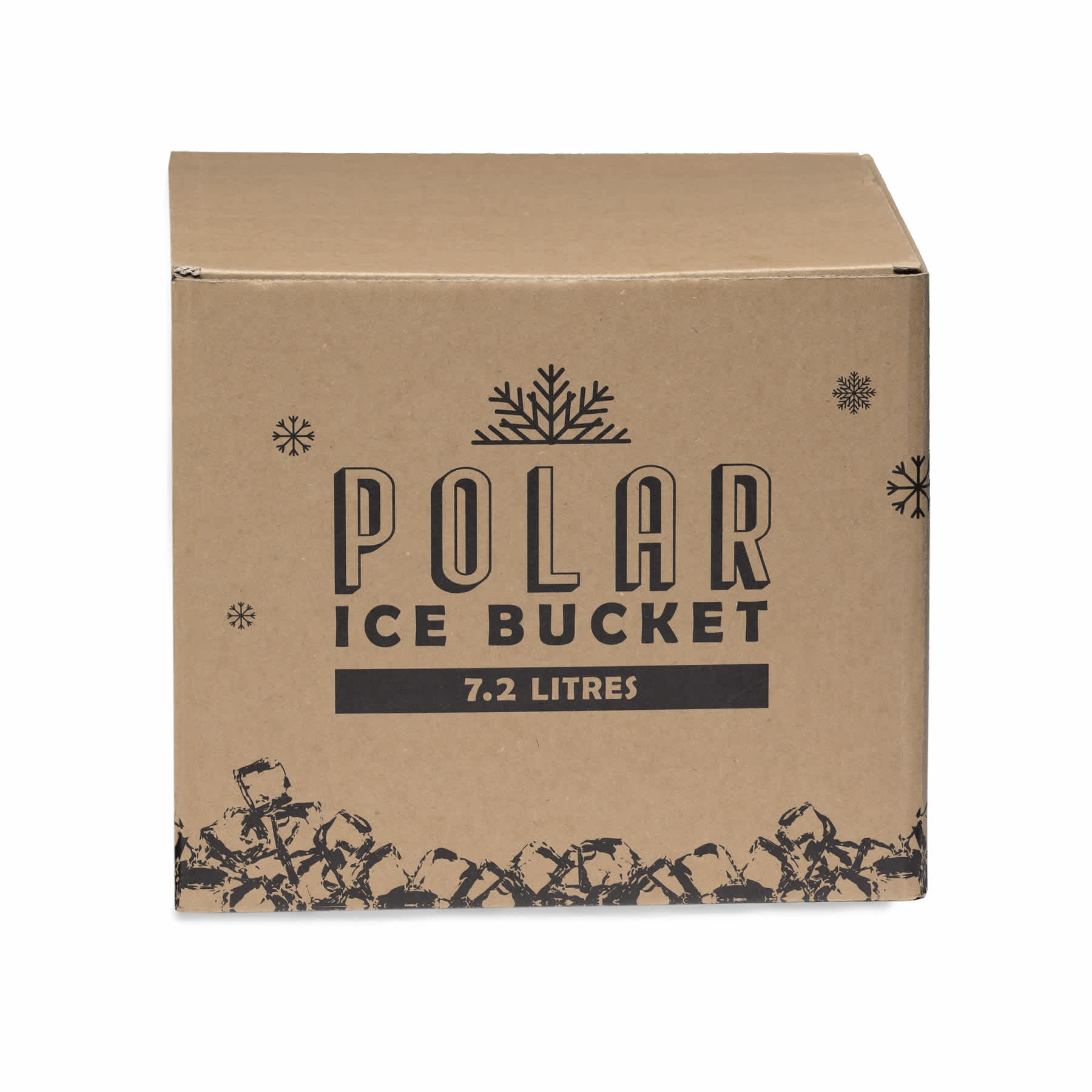 A cardboard box containing a 7.2 litre Polar Ice Bucket. The design features snowflakes and a logo.