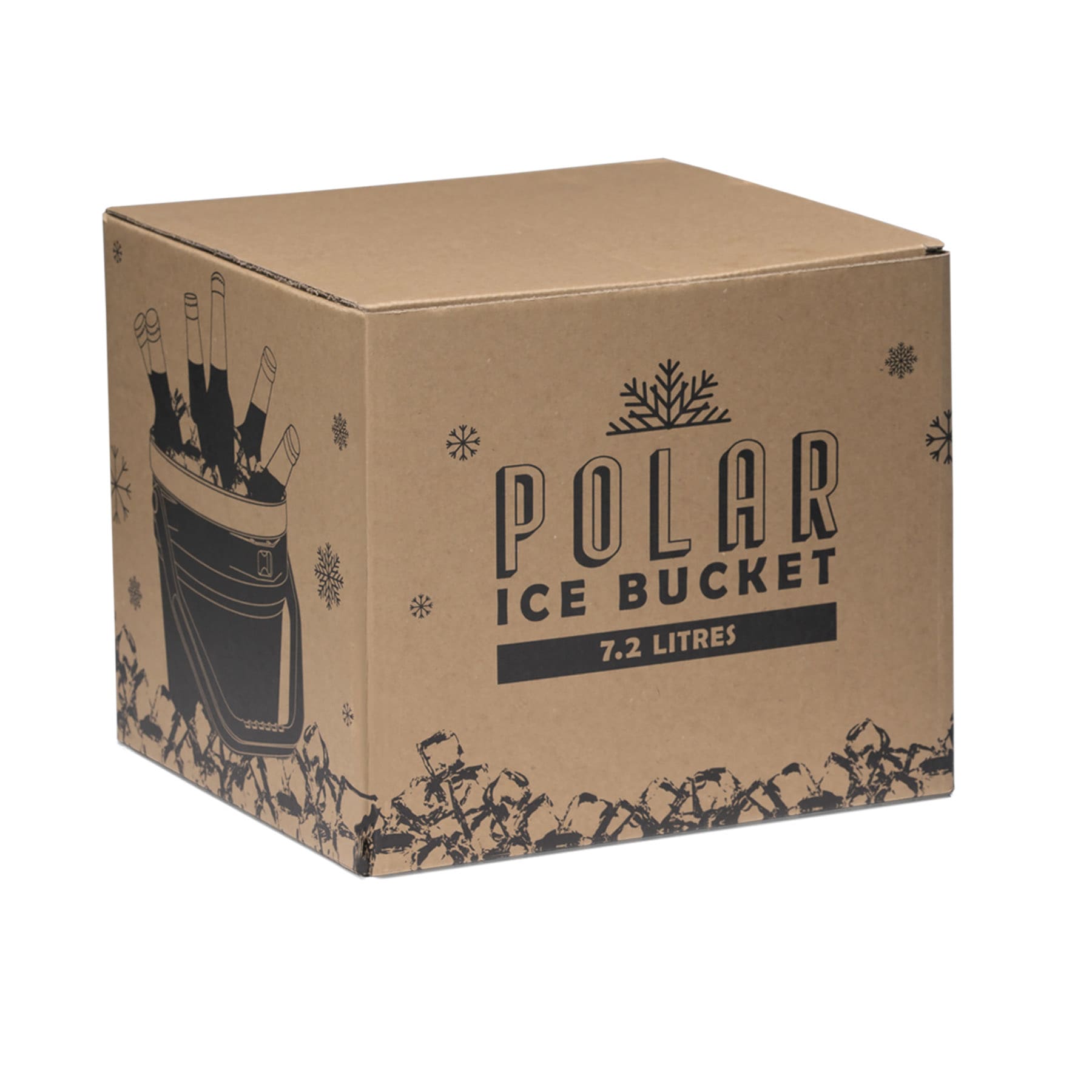 A cardboard box containing a Polar Ice 7.2L bucket, illustrated with a design featuring ice and bottles.