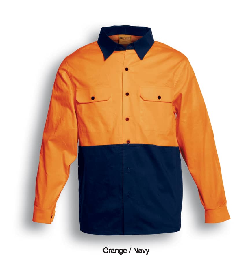 Unisex Adults Hi-Vis Cotton Twill Shirt L/S - SS1013 Image ORANGE/NAVY