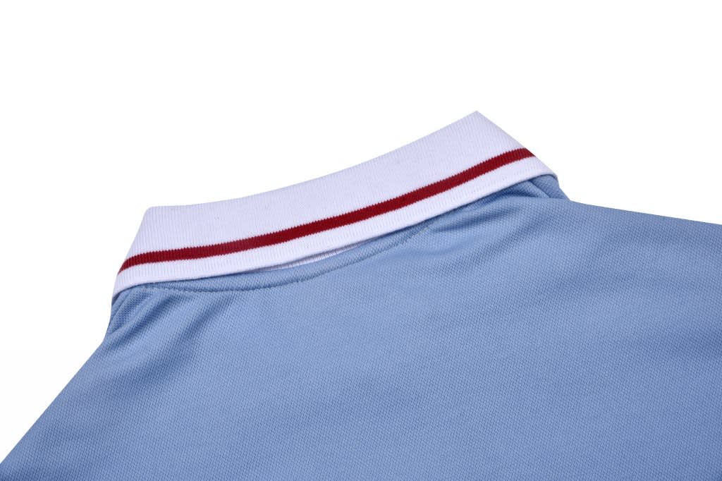 A school girl polo shirt in light blue with a white collar featuring red stripes. There is a logo on the collar.