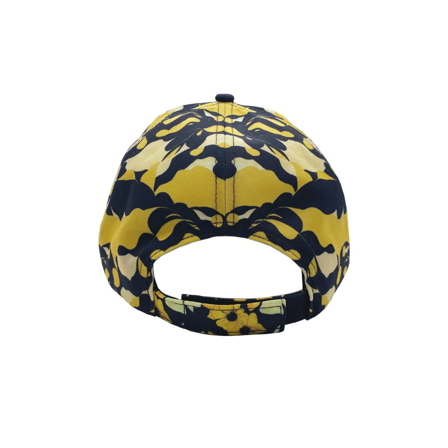 A yellow and black patterned cap featuring a back closure and branding.