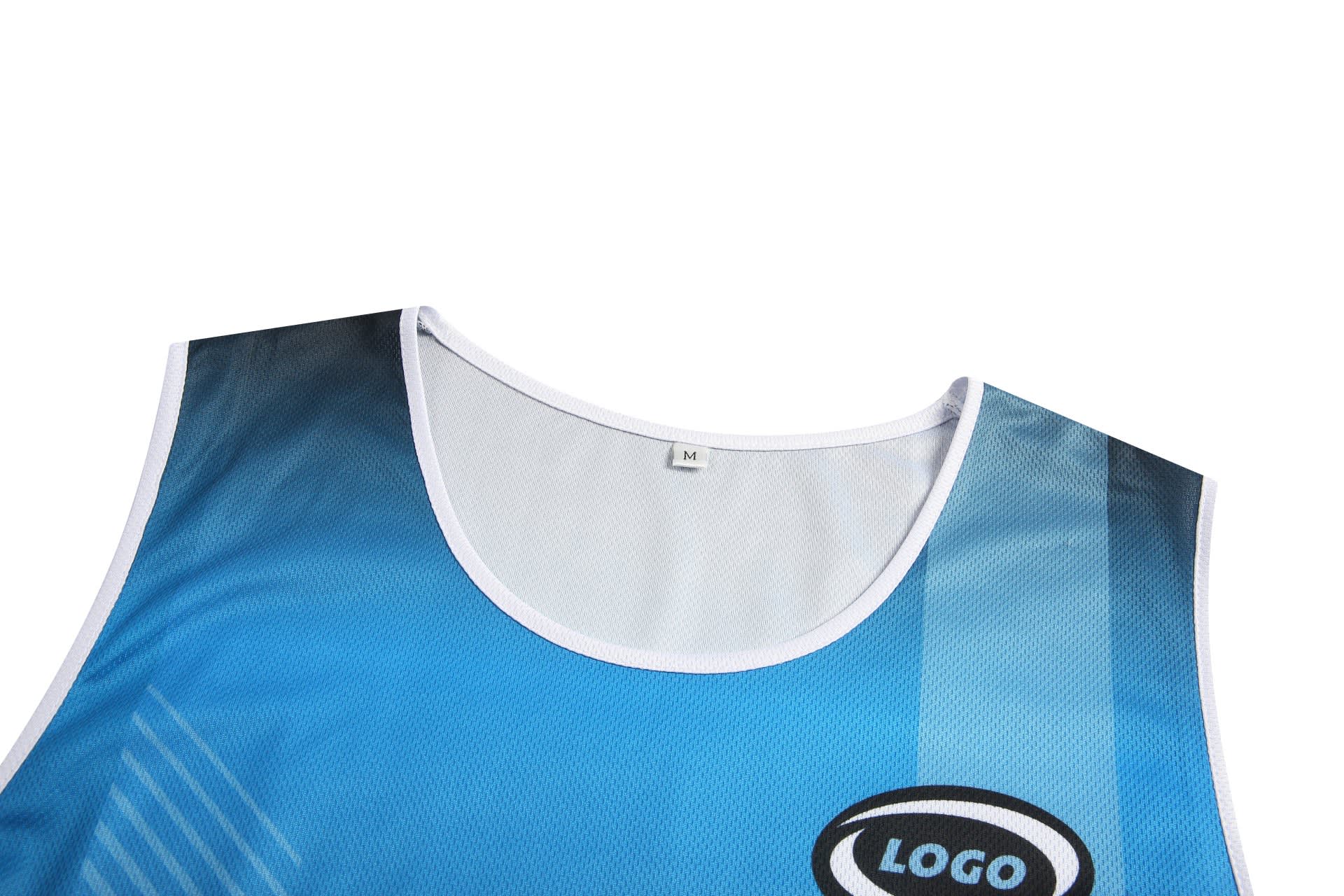 A blue sports uniform featuring a mesh design and a logo on the chest area.