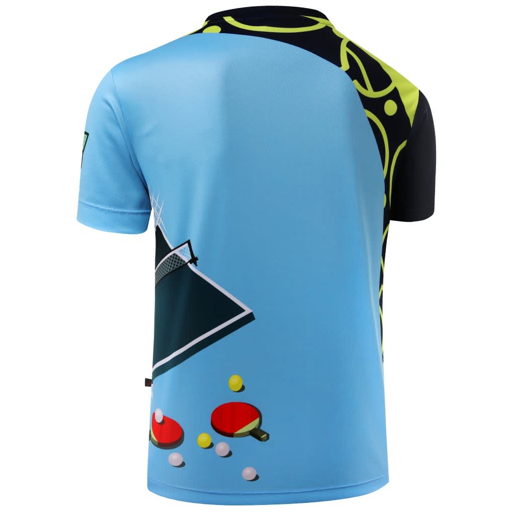 A blue and black polo shirt featuring a graphic design of table tennis elements and a logo.