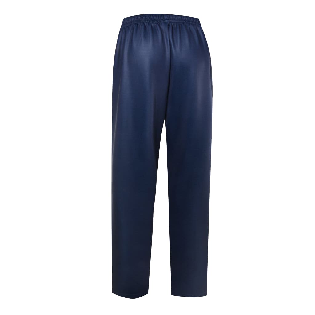 Navy track pants with an elastic waistband, featuring a simple design and no visible logos.