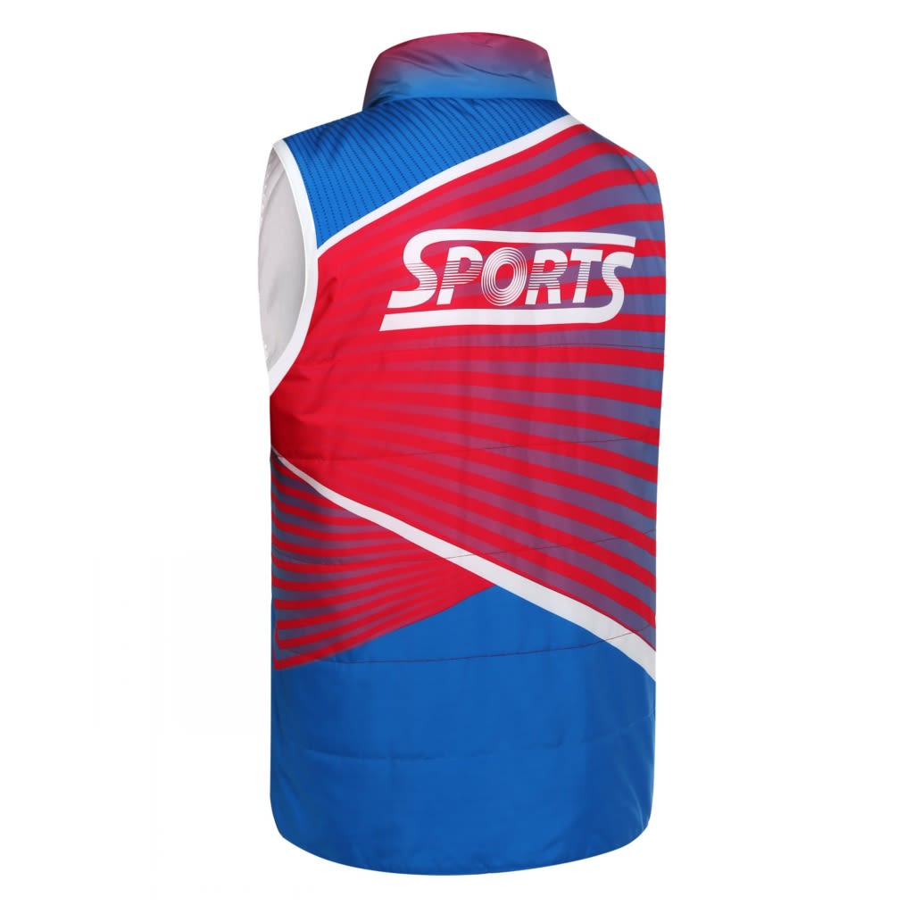 A puffer vest coat featuring blue, red, and white colours, with a logo on the back.