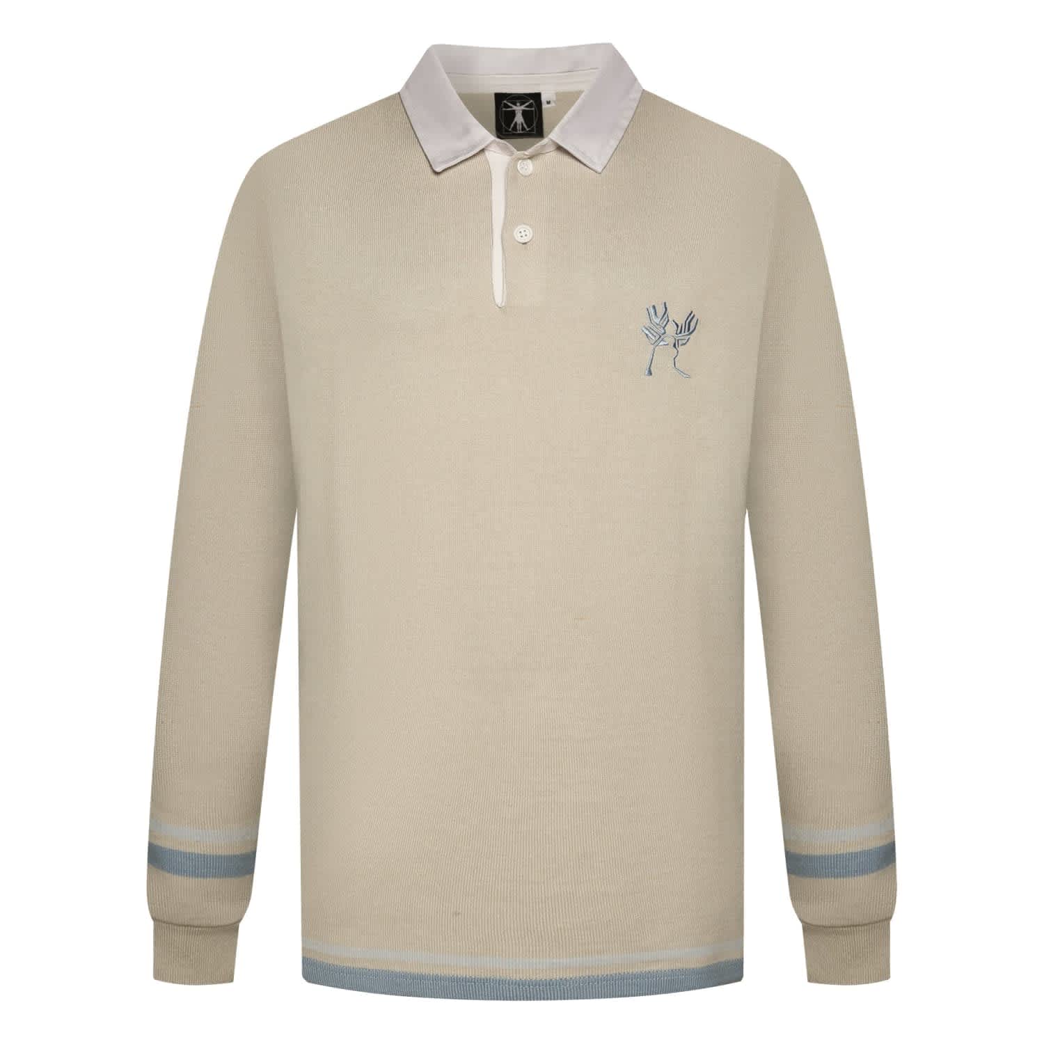 A beige sports jumper with a white collar and blue stripes on the sleeves, featuring a small logo on the chest.