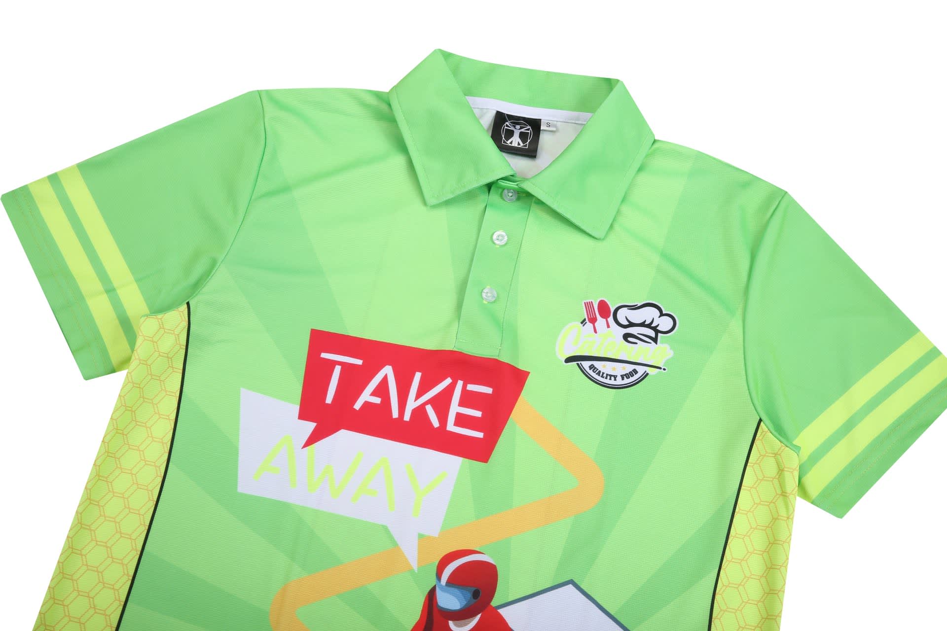 A green short-sleeve polo shirt with graphic designs and a logo, featuring bright yellow stripes on the shoulders.
