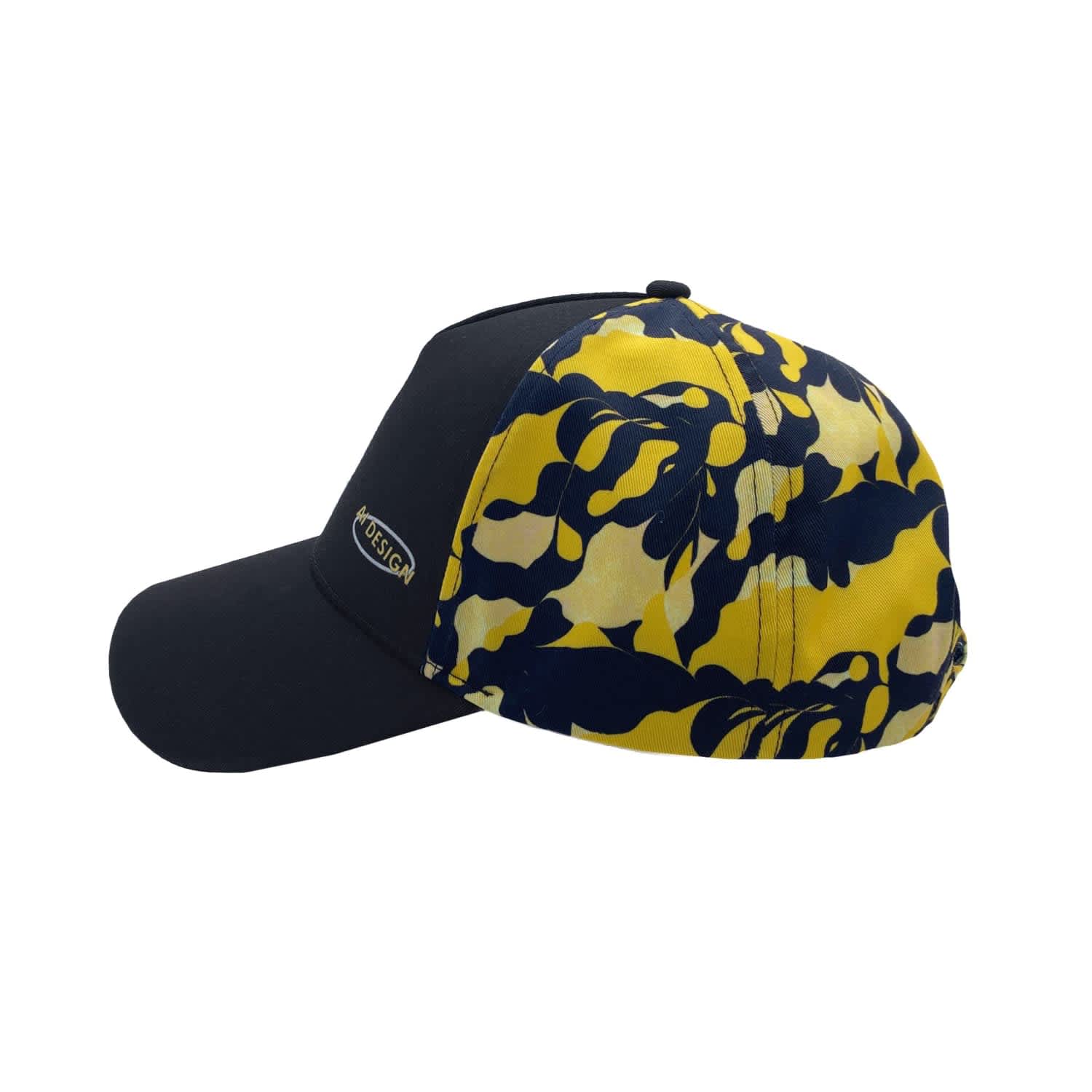 A black and yellow camo cap featuring a branded logo, showcasing a sporty design and vibrant colours.