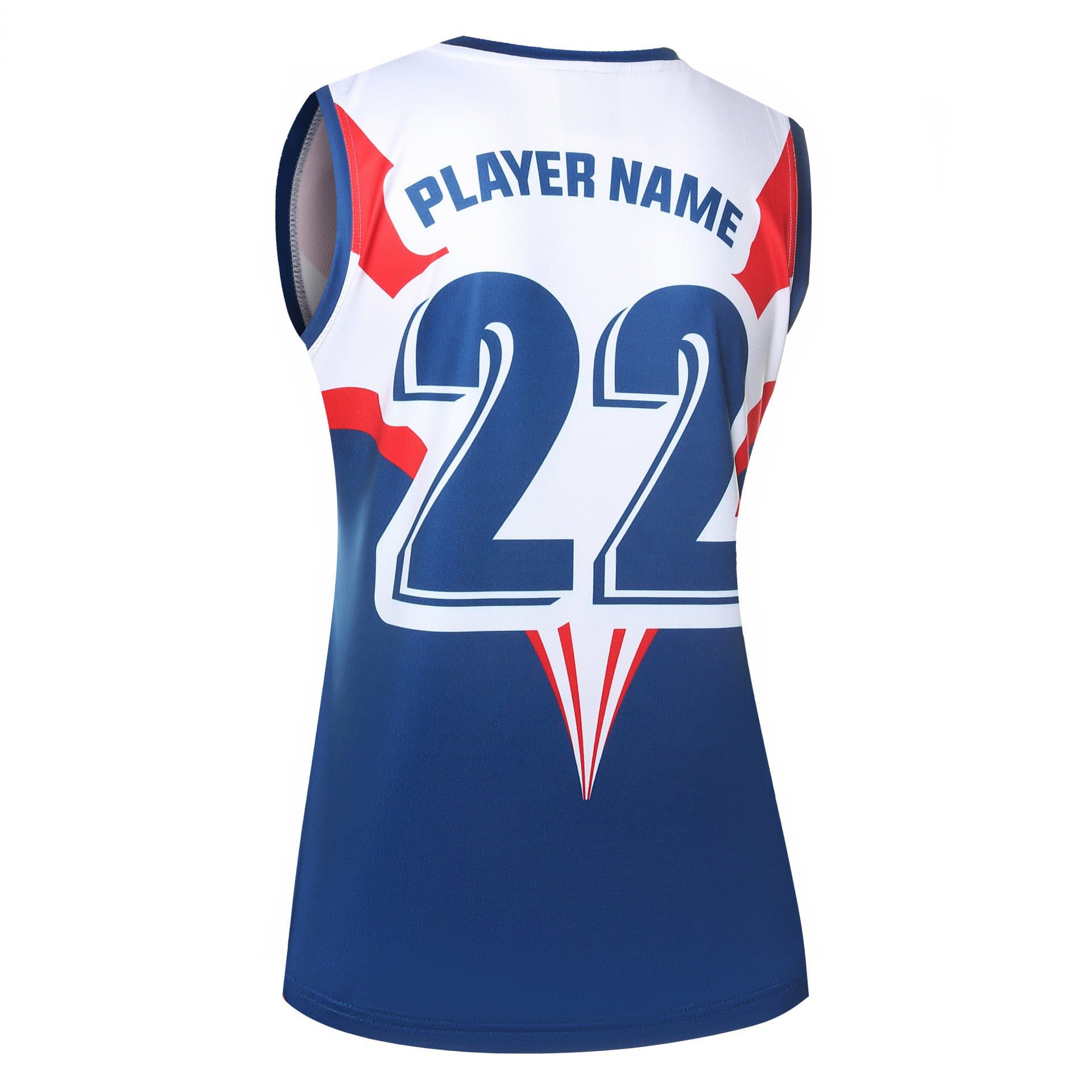 A women's AFL singlet in navy blue featuring a large number 22 and a logo on the back.