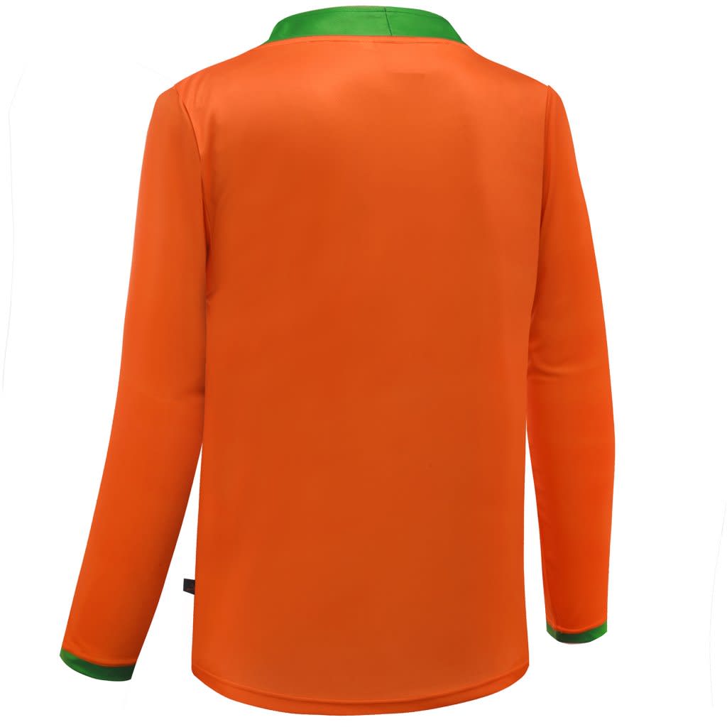 An orange long-sleeve shirt with a green collar, featuring a logo on the back.