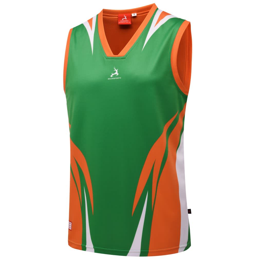 A reversible singlet featuring a green base with orange accents and white detailing. It has a logo on the front.