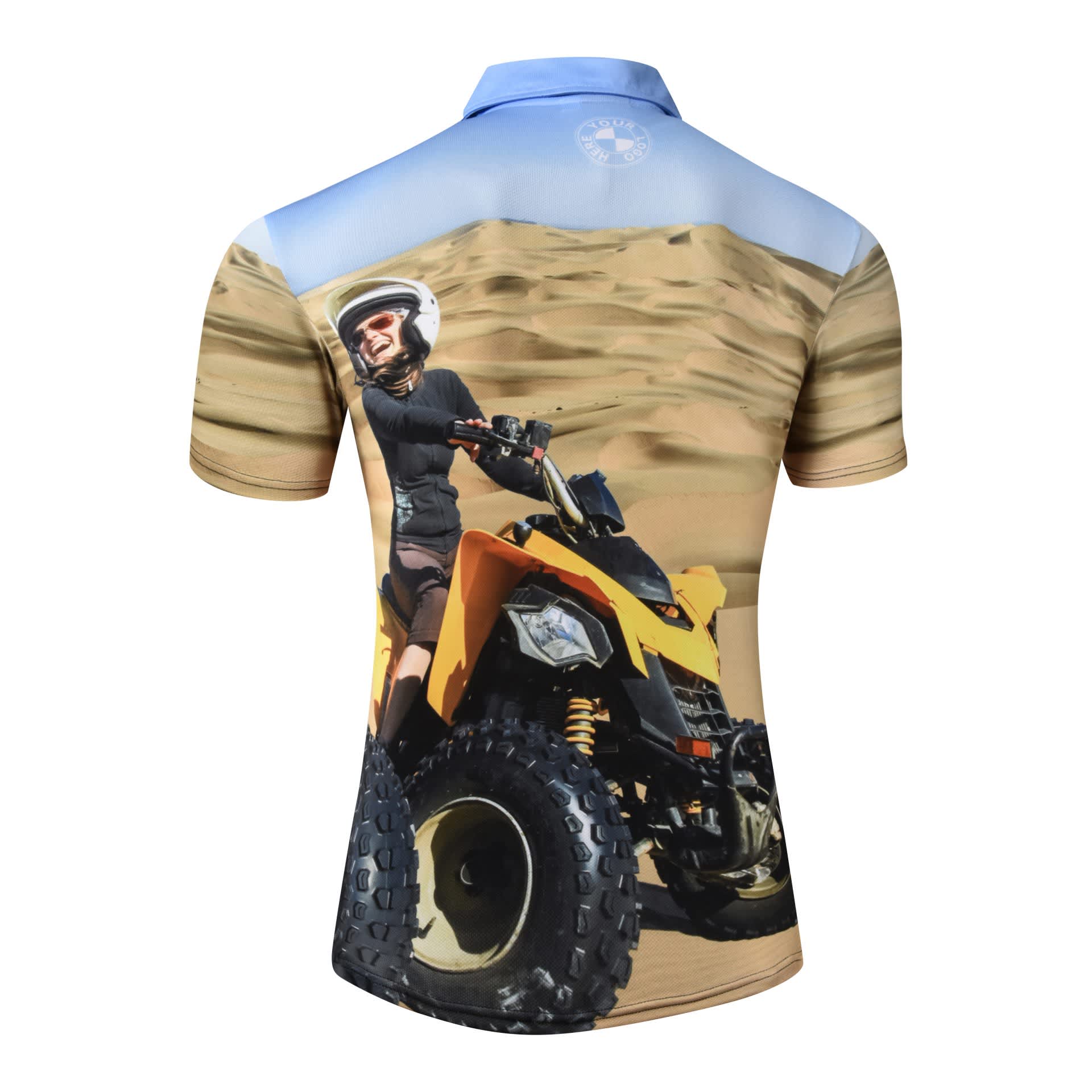 A short-sleeved polo shirt featuring an off-road vehicle design in earthy tones with a blue collar and a logo.