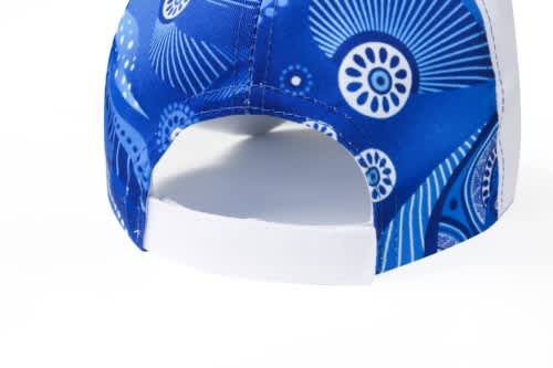 A blue sublimated sport cap with a patterned design and a white brim, featuring a logo on the back.