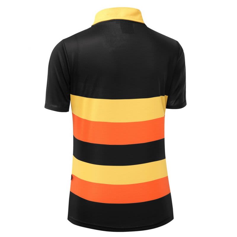 A women's polo shirt in black, yellow, and orange horizontal stripes, featuring a collar and short sleeves.