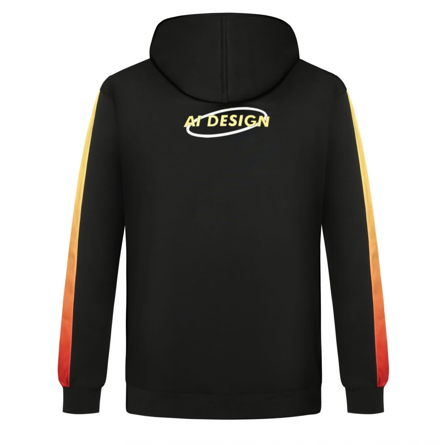 A black hoodie with a gradient design featuring orange and red on the sleeves and a logo on the back.