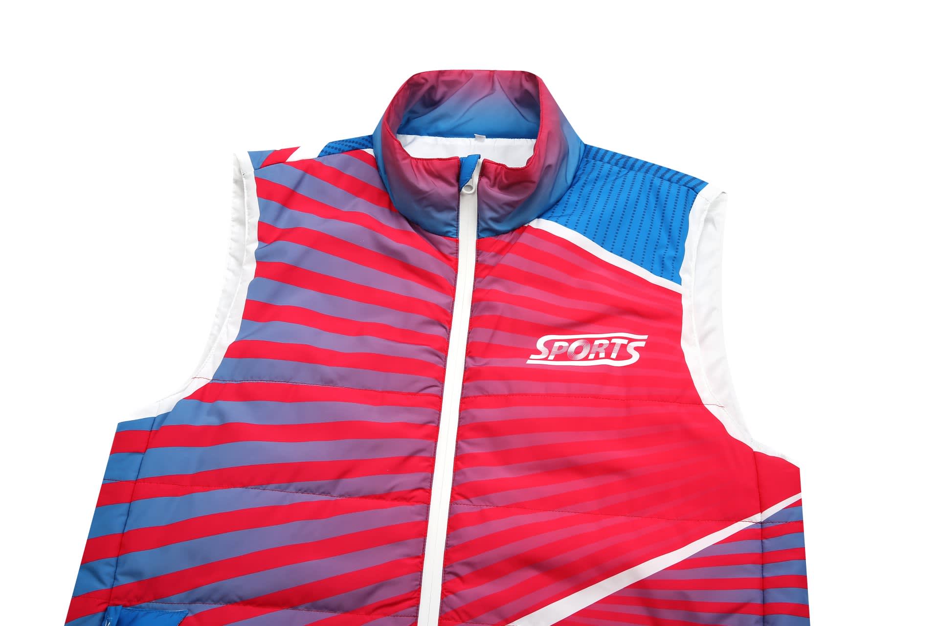 A puffer vest coat in red, blue, and white with a branded logo and striped pattern.