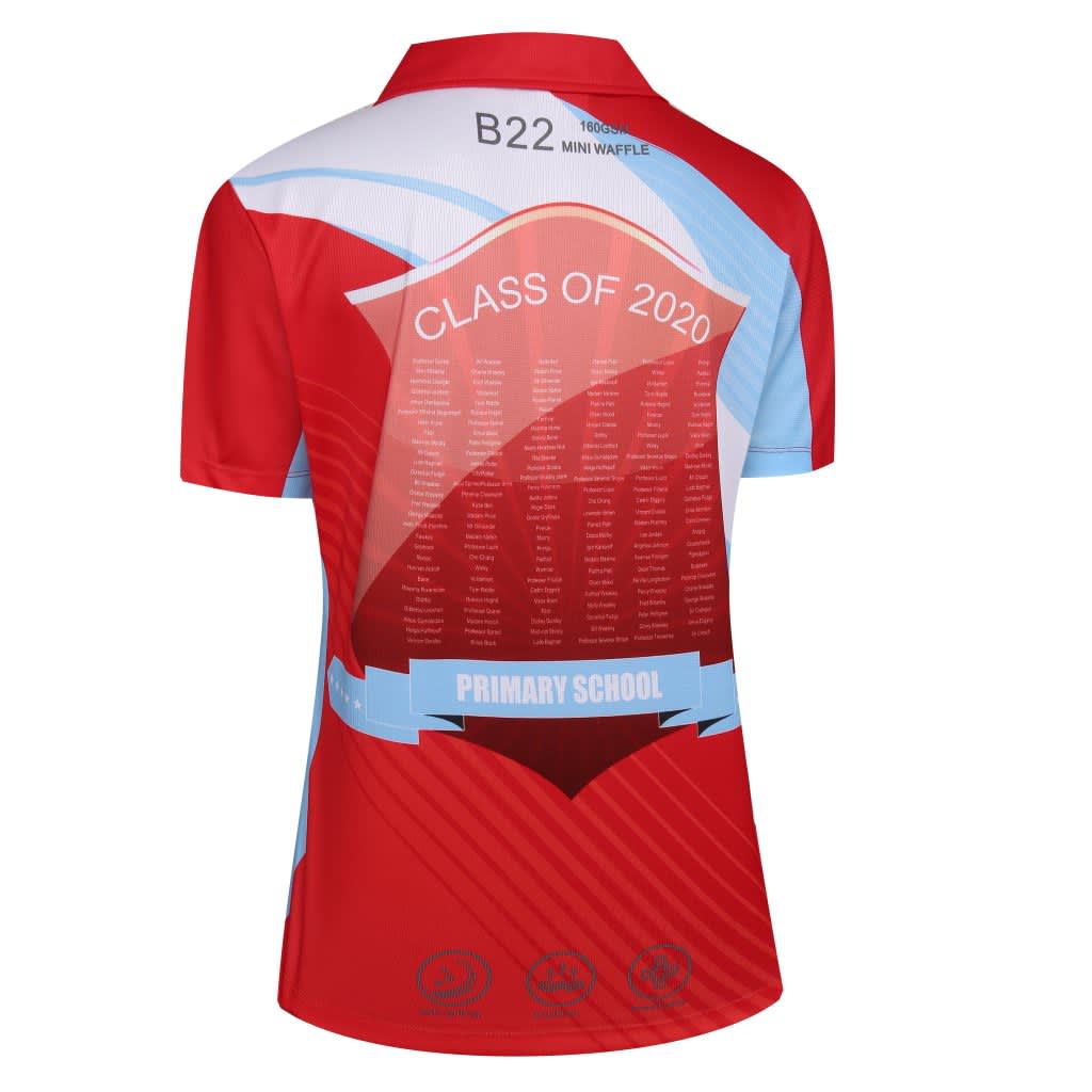 A red and light blue sublimation polo featuring a design on the back and a logo.