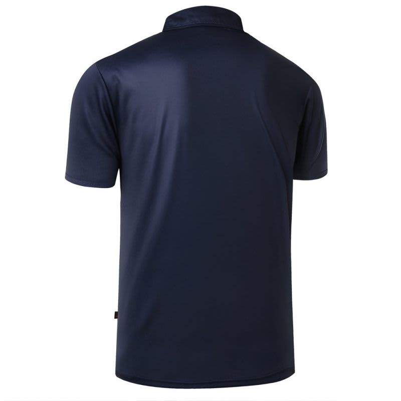 A navy polo shirt with a collar, featuring a simple design and a logo on the back.