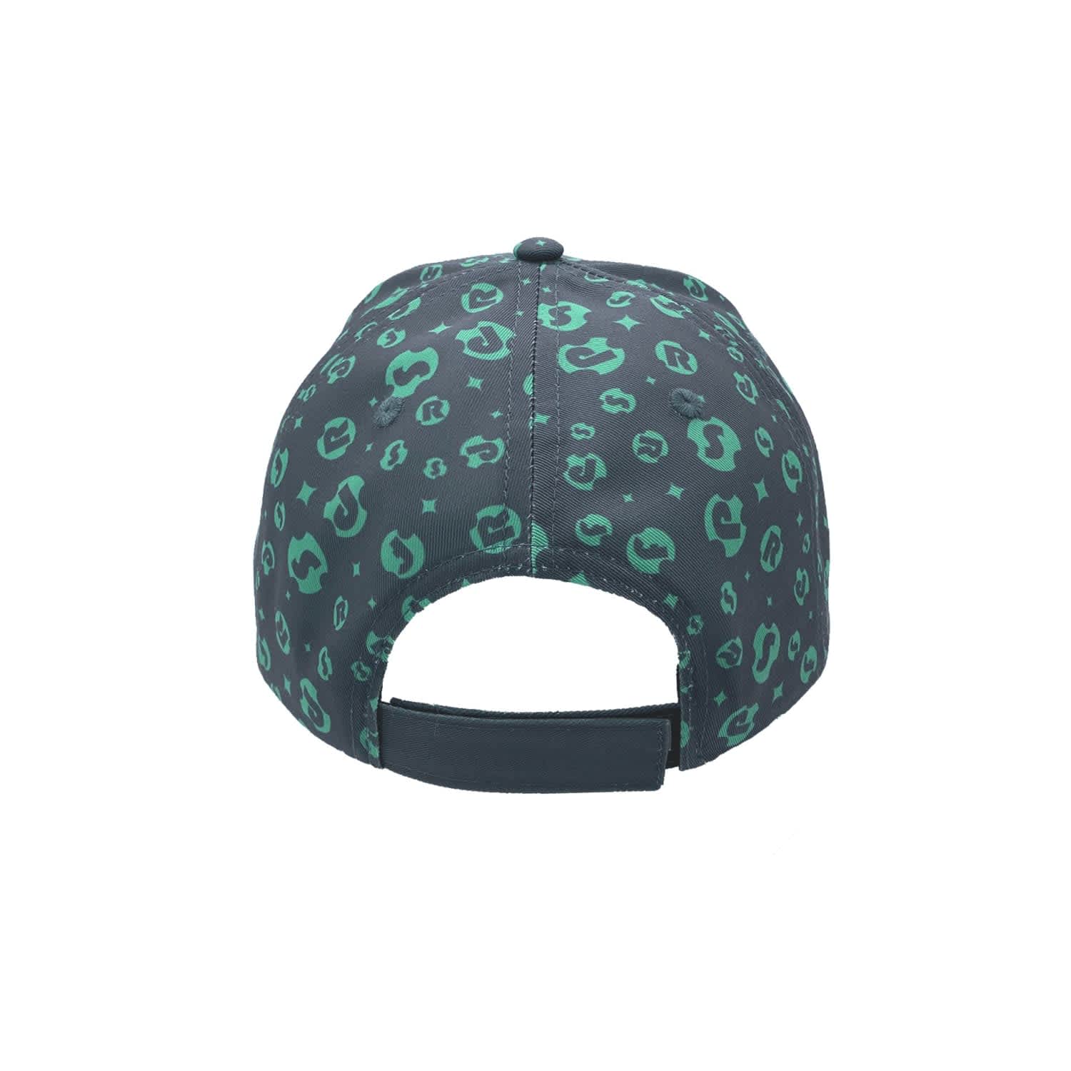 A green and black sublimated sport cap featuring a leopard print design and an adjustable strap at the back.