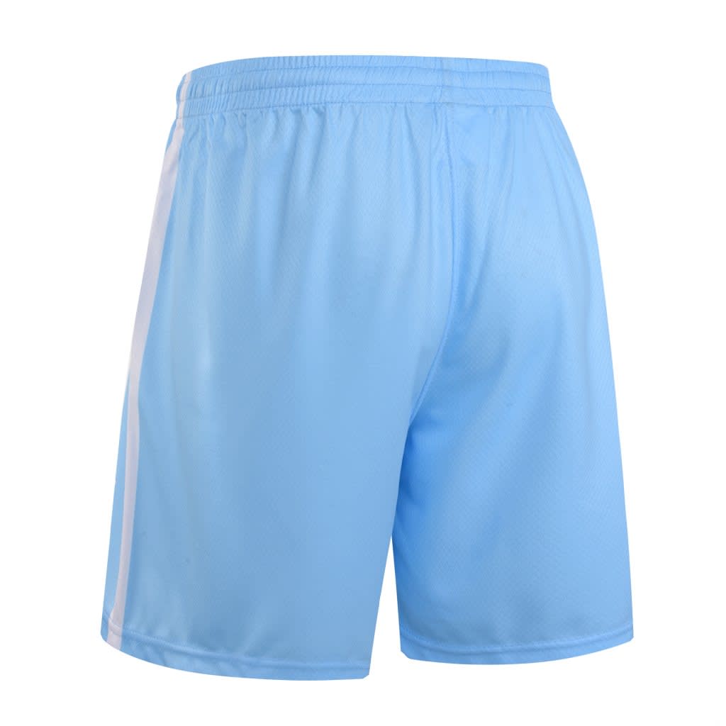 Light blue shorts with a simple design, featuring a side stripe and elastic waistband. Includes a logo.
