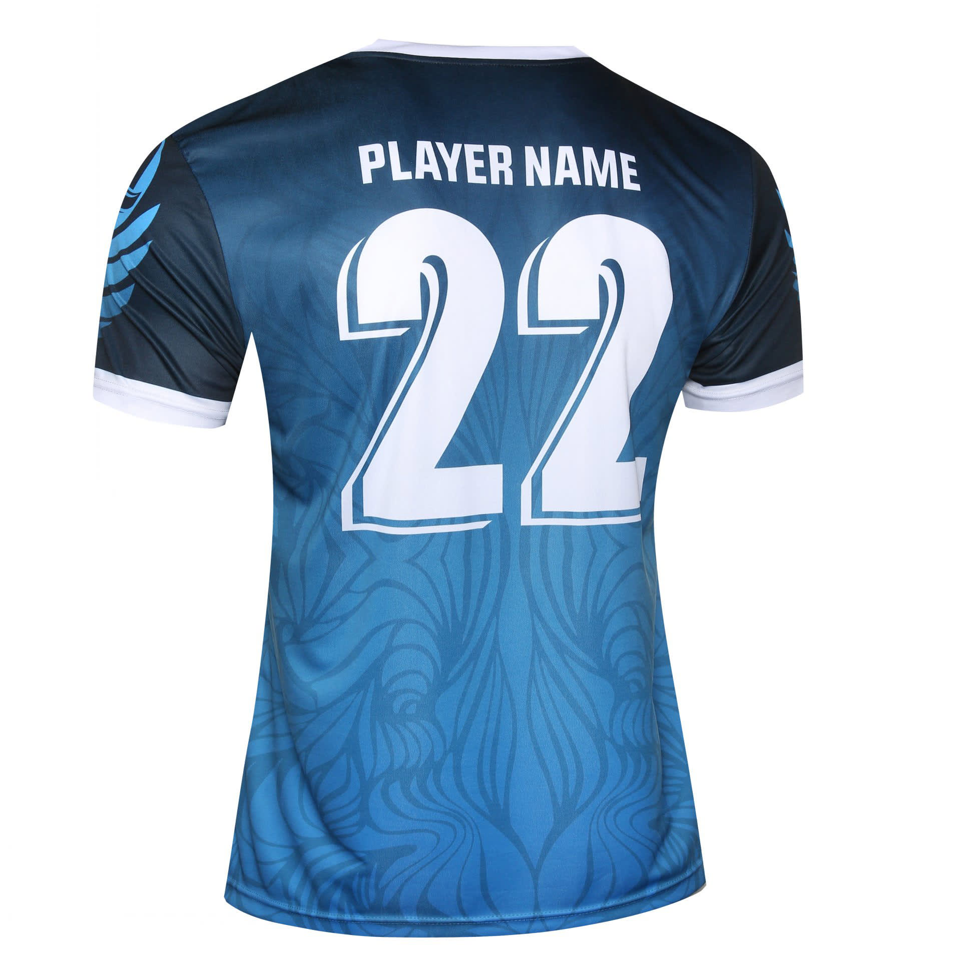 A blue and black volleyball uniform t-shirt featuring short sleeves and a back design with the number 22.