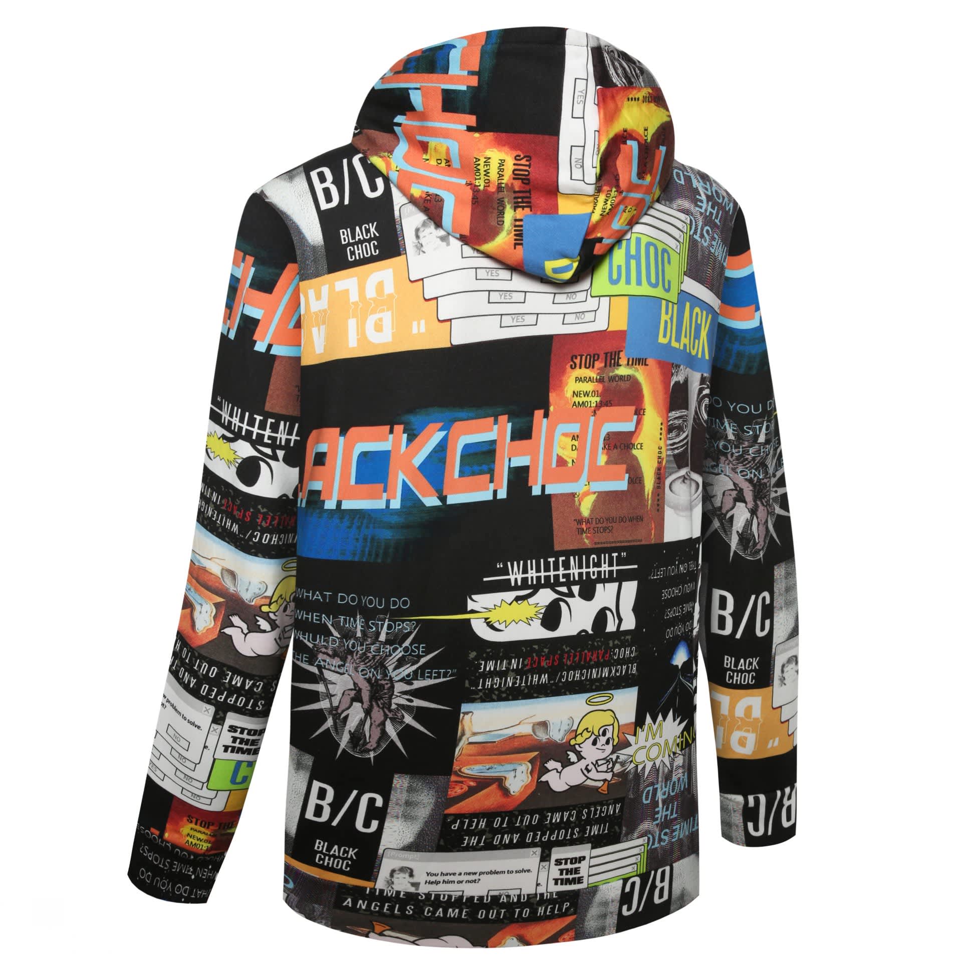A multicoloured hoodie with various graphic prints and a logo on the back. Features a hood and long sleeves.