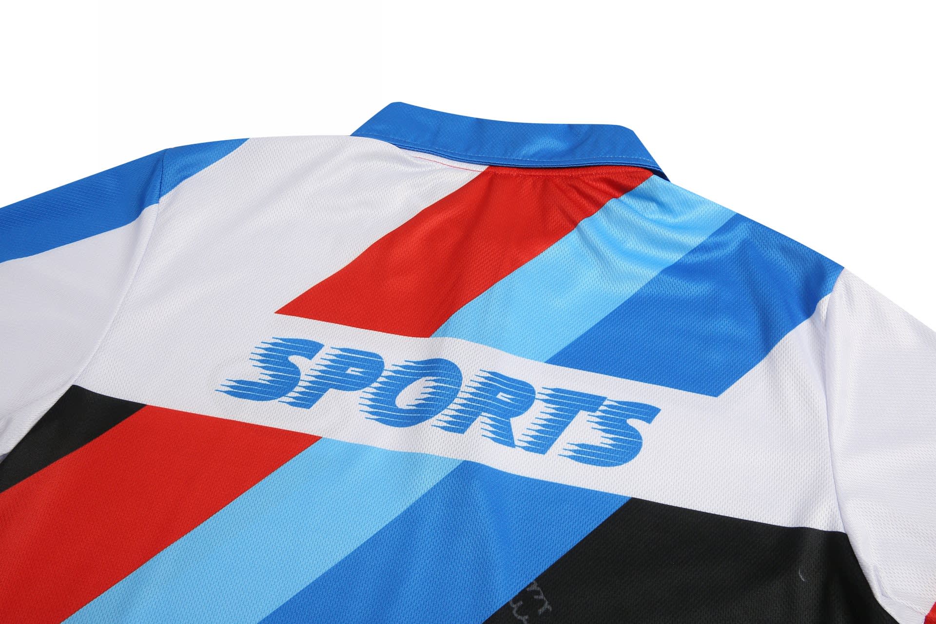 A colourful polo shirt featuring blue, red, and black stripes, with a logo on the back.