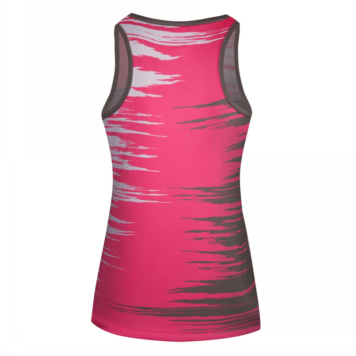 A pink racing singlet with grey and white abstract patterns and a logo on the back.