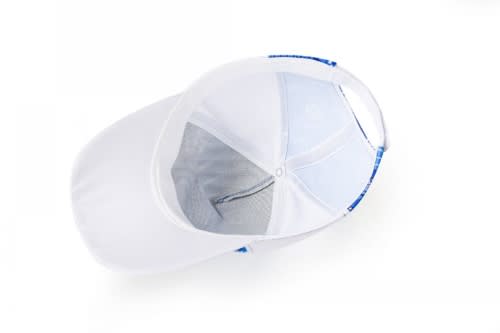 A white cap featuring a blue design, showcasing an open view from the top. It has a logo on the side.