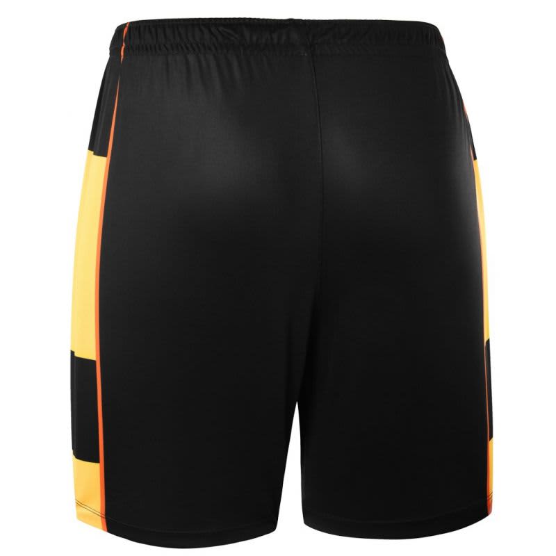A pair of black training shorts with orange and yellow accents, featuring a logo.