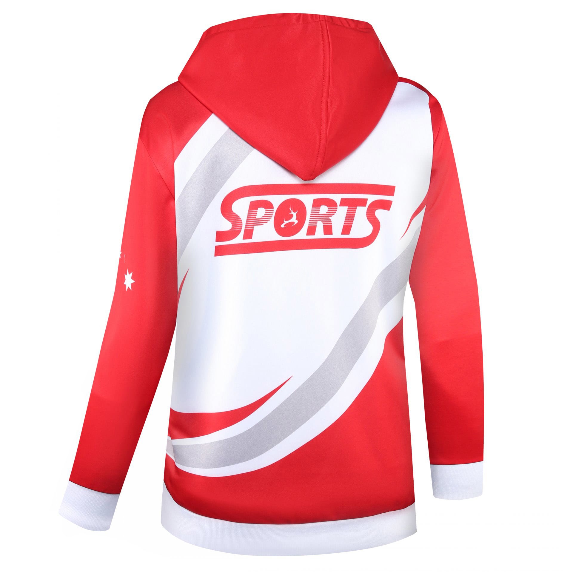 A red and white hoodie featuring a hood and a logo on the back. It has a sleek design with curved stripes.